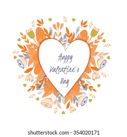 Valentine s day template greeting card. Flowers and heart shape. Heart made of flowers. Doodle Heart. Valentines day card.