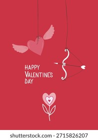Valentine s Day themed vector illustration featuring a heart with wings and a bow with an arrow on a red background. Perfect for celebrating love and romance in a whimsical style.