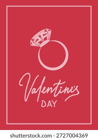 Día de San Valentín Ilustración vectorial temática de un anillo con un diamante sobre un fondo rojo vibrante. El diseño cuenta con letras elegantes y es perfecto para ocasiones románticas y festivas.