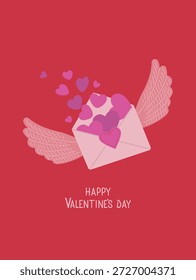 Valentinstag thematisierte Vektorgrafik mit einem rosafarbenen Umschlag mit Flügeln und fliegenden Herzen. Das Design vermittelt Liebe und Feier auf lebendigem rotem Hintergrund.
