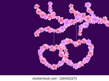 Valentine s Day. Two Heart of pink flowers Sakura, Cherry Blossoms on a branch of flowers. Vector illustration