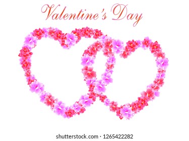 Valentine s Day. Two Heart of pink flowers Sakura, Cherry Blossom. Vector illustration