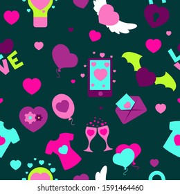 Valentine s Day vector seamless pattern. Flat cartoon elements on blue isolated background. Cute girly stuff pattern design. Great for wrapping and textile.
