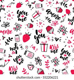 Valentine s Day vector seamless pattern. Isolated Artistic doodle drawings, lettering, love quotes, Heart, kiss elements. Modern romantic background for holiday card, postcard, gift wrapping paper.