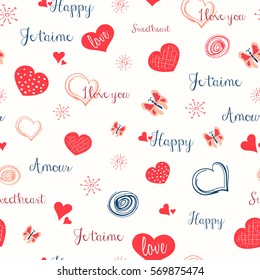 Valentine s Day vector seamless pattern. Use for greeting cards, prints, posters, tags and t-shirts. Vector illustration.