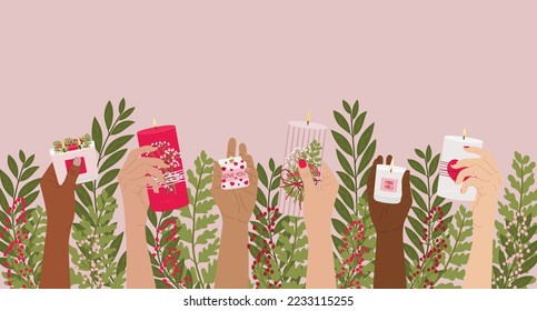 Valentine s day vertical greeting card with candles, hands, gifts, greenery and lettering wishes. Happy Valentine s day posters, invitation. Zero waste eco gifts. Hand drawn vector illustration. 