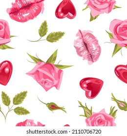 Valentine s Day. Watercolor style glossy lips and glowing heart shaped balloons, pink roses. Bright seamless pattern. For wallpaper, printing on fabric, wrapping
