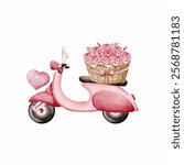 Valentine s Day Watercolor Vector with Pink Scooter and Roses Basket Vintage style on White Background design
