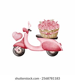 Valentine s Day Watercolor Vector with Pink Scooter and Roses Basket Vintage style on White Background design