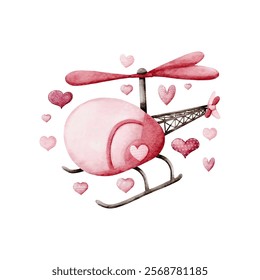 Valentine s Day Watercolor Vector with Pink Helicopter and Hearts Vintage style on White Background design