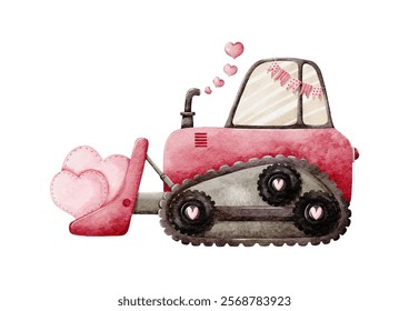 Valentine s Day Watercolor Vector with Pink Bulldozer Vehicle and Hearts Vintage style on White Background design