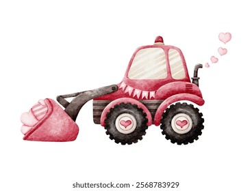 Valentine s Day Watercolor Vector with Pink Wheel Loader Vehicle and Hearts Vintage style on White Background design