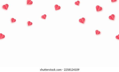 Valentine s paper confetti red hearts flying in the isolated white background. Red sign symbols of love border for Happy Mother s Day or romantic banner greeting card design.