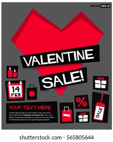 Valentine Sale 14 February (Flat Style Vector Illustration Love Poster Design) with Text Box Template