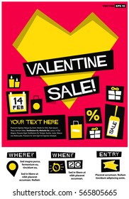 Valentine Sale 14 February (Flat Style Vector Illustration Love Poster Design) Event Invitation with Venue and Time Details