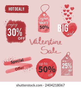 Valentine Sale Banner Set Isolated sale banner price Tag Discount Suitable for Sale Promotion Watercolor Style