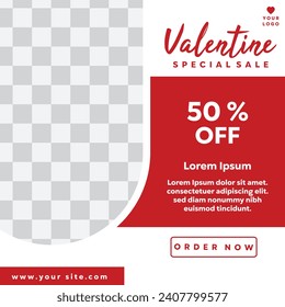 Valentine sale banner template with 50% discount. Red and white background. Can be used for banners, media post, web, poster and more