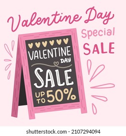 Valentine Sale. Valentine Day Special Sale. Blackboard Style Sign Store. Pink Chalk Board Sign Vector