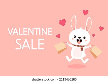 Valentine sale poster. Valentine's day card with Kawaii bunny. Rabbit cartoon vector collection. Small lovely rabbit holds love heart. Valentine's day illustration.