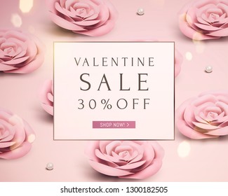 Valentine sale romantic template with baby pink paper rose in 3d illustration