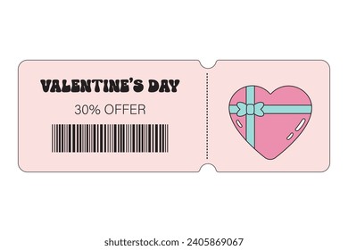 Valentine sale, special offers, discounts coupon for shopping, gifts, restaurants, cinemas, cafes. Voucher set with love, cute elements in groovy retro style.