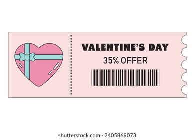 Valentine sale, special offers, discounts coupon for shopping, gifts, restaurants, cinemas, cafes. Voucher set with love, cute elements in groovy retro style.