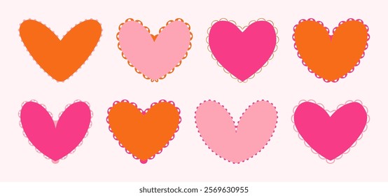 Valentine Scalloped edge heart shapes set. hand drawn vintage frill ornament. Fabric laces and ribbons frame. Heart shape frame badge set.