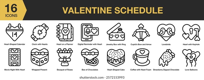 Valentine Schedule icon set. Includes valentine, schedule, reminder, heart, day, and More. Outline icons vector collection.