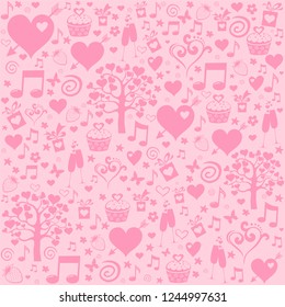 Valentine seamles pattern with hearts, Cupcakes, gift boxes, flowers, notes, stars. Perfect for wallpaper, web page background, textile, greeting cards and wedding invitations. Pastel pink background