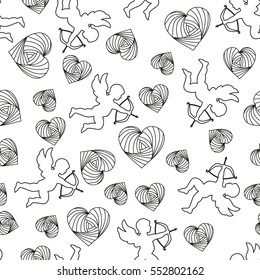 Valentine seamless background. ornament for Valentine's Day. Texture with cupids and hearts.