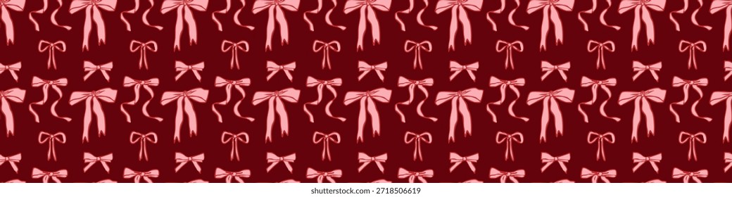 Valentine seamless bow pattern with hand-drawn pink ribbons on dark red background, romantic repeating texture for wrapping paper, fabric, stationery, and decor
