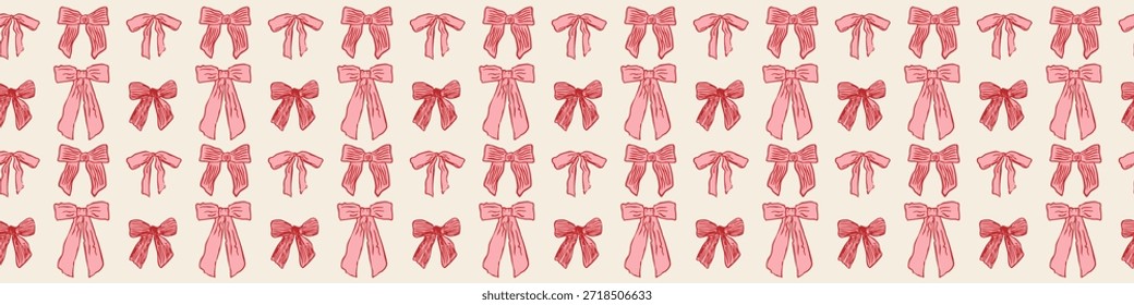 Patrón de lazo sin fisuras de San Valentín con cintas rosadas dibujadas a mano sobre fondo beige, textura repetitiva romántica para envolver papel, tela, embalaje y papelería