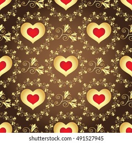 Valentine seamless brown pattern with gold  flowers and hearts (vector)