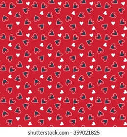 A Valentine seamless heart and polka dots pattern in red, white and Prussian blue colors with red background for Valentine's day celebrate.