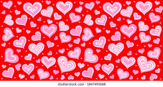 Patrón de corazones sin fisuras de San Valentín. Patrón romántico sin fisuras con corazones. Antecedentes de San Valentín. Patrón rojo cardíaco. Diseño plano e interminable textura caótica hecha de siluetas de corazón. Tonos rojos.