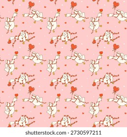 Valentine seamless pattern anxiety silly goose wrapped in heart garland hand drawn in a cute playful cartoon style, isolated on background