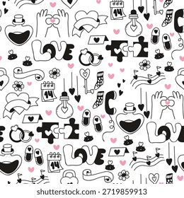 Patrón sin fisuras de San Valentín. Corazones Doodle románticos negros, símbolos y notas de amor, anillos de boda sobre fondo blanco. Repitiendo la Plantilla de vacaciones. Ilustración vectorial. No es IA