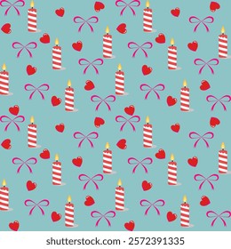 Valentine seamless pattern, blue background, red hearts, red bow, red candles.
