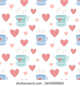 Valentine seamless pattern with blue coffee cups and red hearts on a white background