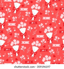 Valentine seamless pattern with bouquet, hearts, branches and ribbons. Perfect for wallpaper, pattern fills, web page background, gift paper, textile, Valentine greeting cards and wedding invitations