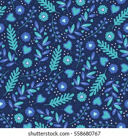 Valentine seamless pattern with branches, flowers, hearts and leaves. Perfect for wallpaper, web page background, textile, greeting cards and wedding invitations