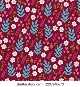 Valentine seamless pattern with branches, hearts, flowers, hearts on dark background. Scandinavian style. Perfect for wedding, wallpaper, wrapping paper. Vector illustration 