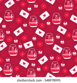 Valentine seamless pattern with candles, flowers, roses and love letters. Perfect for wallpaper, web page background, textile, greeting cards and wedding invitations
