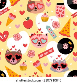 valentine seamless pattern with  cats and love elements