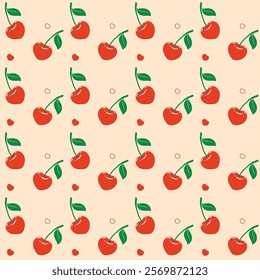 Valentine seamless pattern of cherries and green leaves in bright red on beige background, perfect for gift wrapping, fabric, and wallpapers