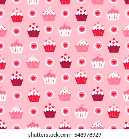 Valentine seamless pattern with cookies and cupcakes. Perfect for wallpaper, web page background, textile, greeting cards and wedding invitations