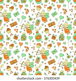 Valentine seamless pattern with cupcake, angel, love letter, stars, dream, ribbons, gift, candy, bottle, hearts, balloon