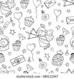 Valentine seamless pattern with cupcake, angel, love letter, stars, dream, ribbons, gift, candy, bottle, hearts, balloon