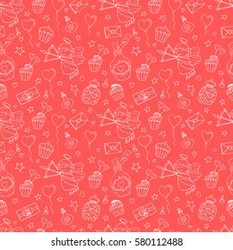 Valentine seamless pattern with cupcake, angel, love letter, stars, dream, ribbons, gift, candy, bottle, hearts, balloon