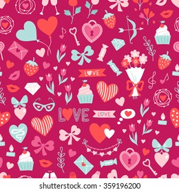 Valentine seamless pattern with cupcake, candle, tulips, bows, champagne, garland, lock, key, love letter, notes, dream, wreath, ribbons, strawberry, arrow, candy, glasses, hearts, bouquet, balloon